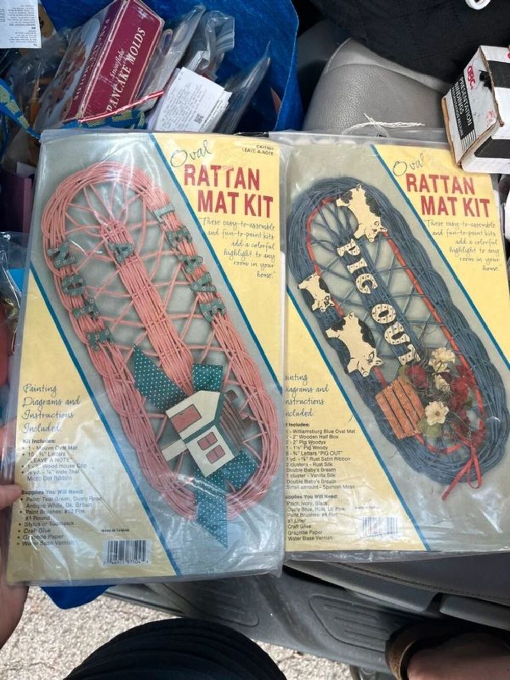 Vintage Oval Rattan Mat Kits Lot Of 2 Welcome- pig & House, Lrg. Welcome